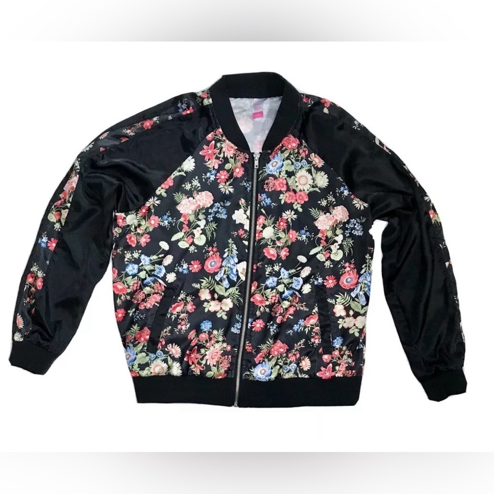 Black Floral Bomber Style Lightweight Jacket Jrs Large Whimsigoth Dark Romance